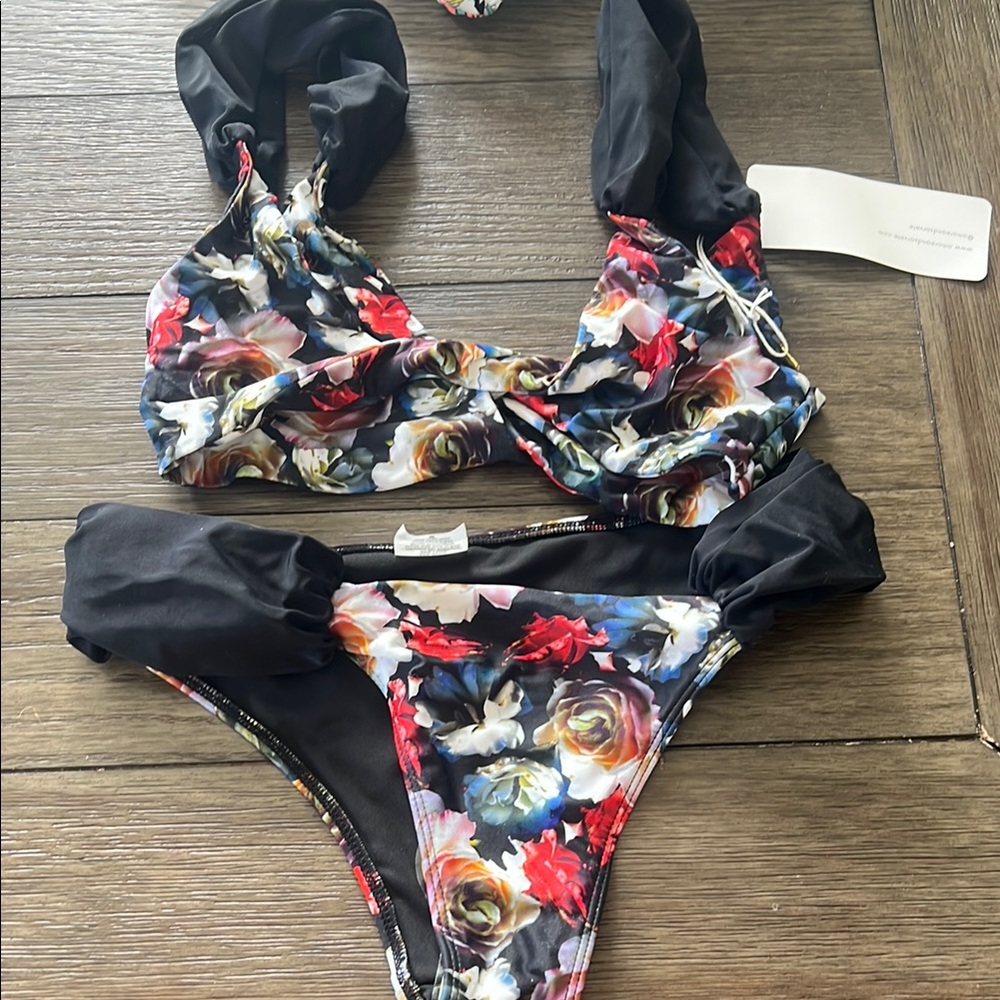 Floral Bikini Set with Black Accents